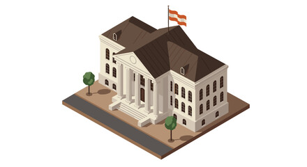 Grand colonial building with flag and trees in isometric style