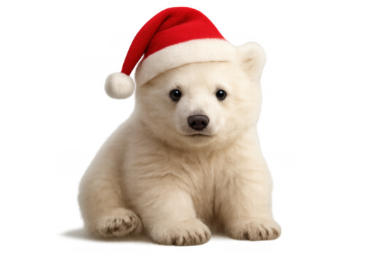 Polar bear cub wearing a santa hat, sitting and looking forward. Festive animal concept for holiday season