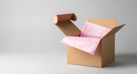 Open cardboard box with pink tissue paper ready for unboxing - ecommerce packaging mockup for store launches gift subscriptions shipping updates and social reveals with safe space for text