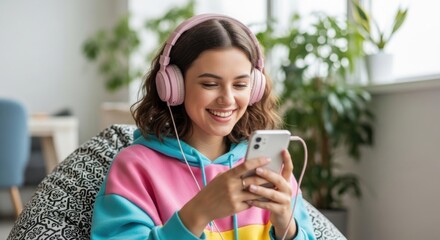 Young woman enjoying music with pink headphones smiling and using smartphone, cozy home environment with green plants, lifestyle technology scene