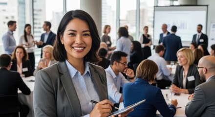 Confident Asian Businesswoman Smiling with Tablet at Corporate Networking Event, Diverse Professional Group Meeting in Modern Office
