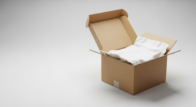 Open cardboard box with protective paper on a neutral background - shipping and relocation concept for ecommerce updates logistics presentations marketplace ads and practical headers with copy space