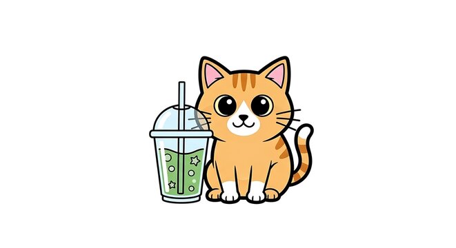 Cute Cat with Green Tea - A Refreshing Cartoon Illustration.