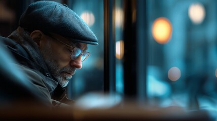 Mature man wearing glasses and flat cap sitting by window in cafe, deep in thought under soft city light. Perfect for themes of reflection, solitude, lifestyle, and urban storytelling