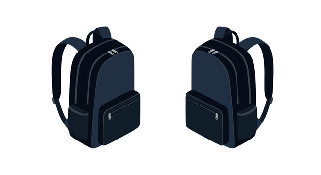 Dark backpack set in isometric style with zipper details on white background
