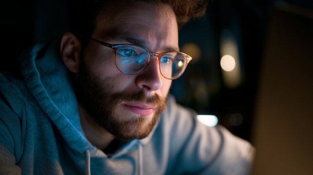 Focused young man in glasses and hoodie working late at laptop, illuminated by warm screen light, symbolizing technology, concentration, coding, and modern digital lifestyle. Perfect for banners.