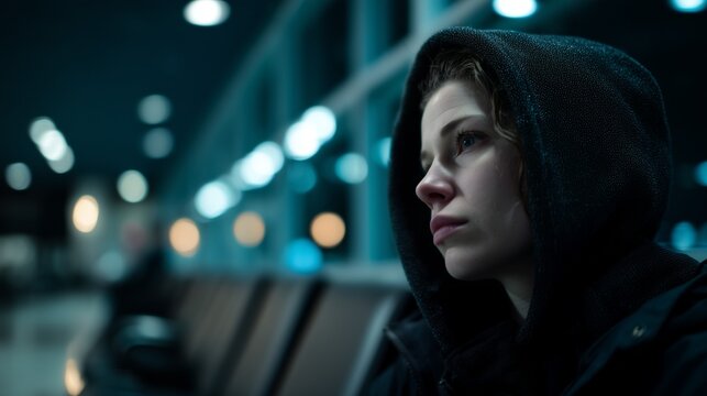 Young woman in hoodie sitting alone in empty terminal at night, thoughtful and emotional expression under cool light. Perfect for loneliness, travel, waiting, or mental health concepts.