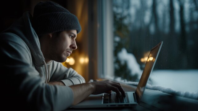 Focused man working on laptop near window in winter evening, warm indoor light contrasting with cold outside, symbolizing remote work, creativity, and modern freelance lifestyle.