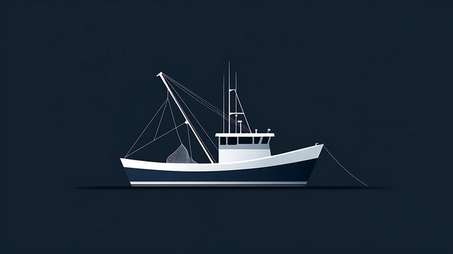 Solitary fishing vessel, silhouetted against a dark backdrop, evokes maritime industry and serene ocean journeys. A nautical illustration, stylized for modern appeal.