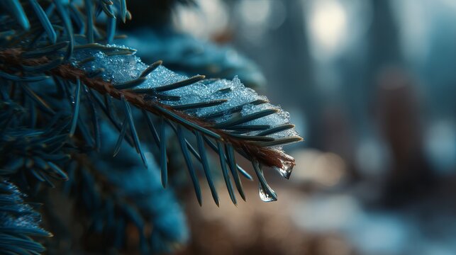 Macro shot of pine branch with ice crystals and water droplet in cold forest. Winter nature detail with frosty texture and blurred background. Perfect for seasonal and natural themes.