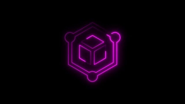 Neon Pink Hexagonal Cube Icon With Circles On Black Background abstract blue