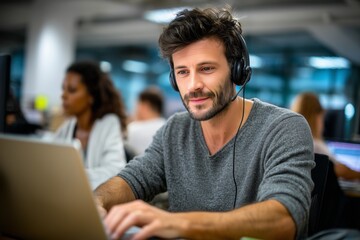 Young man wearing headset working on laptop in modern office. Focused male employee in customer support or remote work. Ideal for business, communication, teamwork, technology, and banner use.