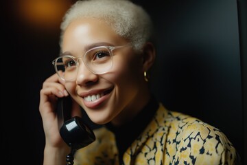Smiling african american young female on vintage phone in patterned outfit