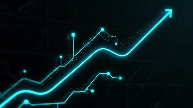 Bright neon graph shows upward trend with glowing digital lines and nodes on a dark background, symbolizing growth and progress.