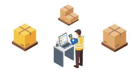 Logistics worker managing inventory on computer with cardboard boxes