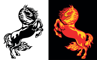 Rearing up horse vector silhouette. Astrological sign, symbol of the 2026 Chinese New Year. Vector on transparent and black background