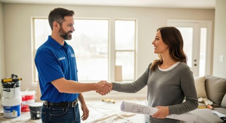 Professional Home Renovation Consultation, Contractor in Blue Shirt Shaking Hands with Female Client Holding House Blueprints in Modern Living Room