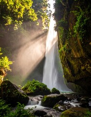 Sunlit Cascade - A Serene Waterfall Scene in Lush Forest.