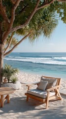 Naklejka premium A Minimalist Wooden Beach Chair With Cushions Sits On A Sandy Shore Facing The Blue Ocean Waves Under A Large Tree With Lush Green Leaves And Bright Sunlight Casting Shadows On A Serene Tropical Day