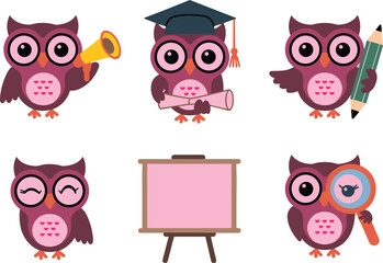 Cartoon owl character set with school accessories, graduation cap, pencil, ruler, magnifying glass, presentation board, trumpet, cheerful expressions, educational theme vector