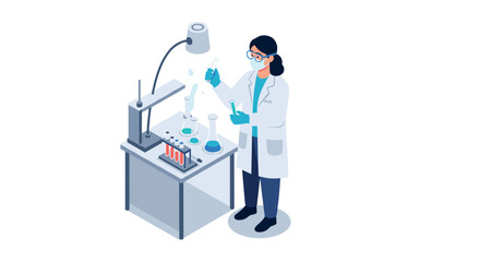 Scientist in laboratory conducting experiments with test tubes and beakers in modern isometric style