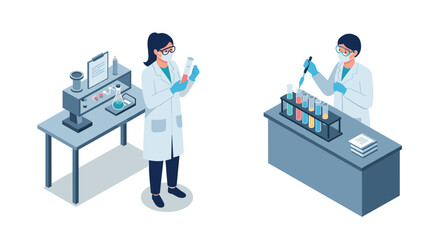 Scientists conducting experiments with lab equipment in isometric style