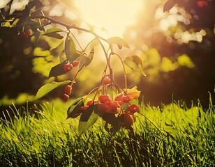 Sunlit Cherries in Green Grass - A Summer Delight.