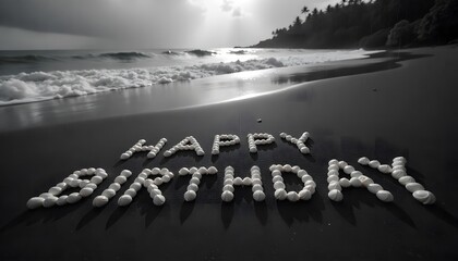 Happy Birthday written in the sand on Sunset Beach in Bali with palm trees and the ocean in the background
