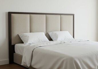 Modern bedroom furniture features a padded headboard and crisp white bedding