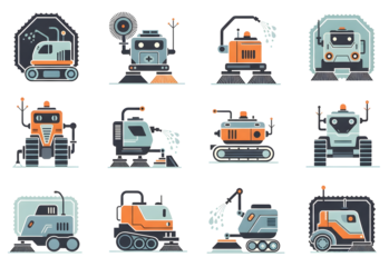 2050 Supersonic City Cleaning Robots – Futuristic Urban Maintenance Icons. Next-Gen Robotic Cleaners – Futuristic Machines for Smart Cities 2050. Smart City Sanitation Robots. 