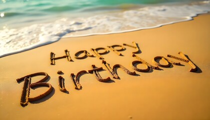 Happy Birthday written in the sand on Sunset Beach in Bali with palm trees and the ocean in the background