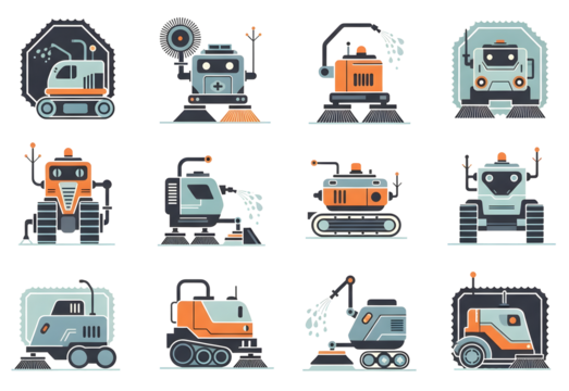 2050 Supersonic City Cleaning Robots – Futuristic Urban Maintenance Icons. Next-Gen Robotic Cleaners – Futuristic Machines for Smart Cities 2050. Smart City Sanitation Robots. 
