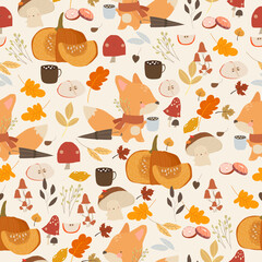 Seamless Pattern With Fox, Autumn Leaves, Vegetables and Pumpkins