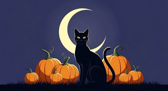 Halloween Night - Black Cat, Pumpkins, and Crescent Moon Illustration.