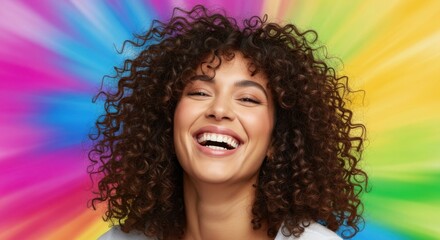 Joyful young woman with curly hair laughing happily, vibrant colorful rainbow background, positive emotion, cheerful expression, beauty and diversity concept, happiness and confidence