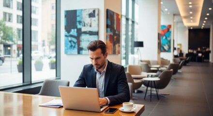 Handsome businessman working on laptop in modern office or cafe. Focused male professional, entrepreneur using computer at his workplace. Remote work, success and business concept.