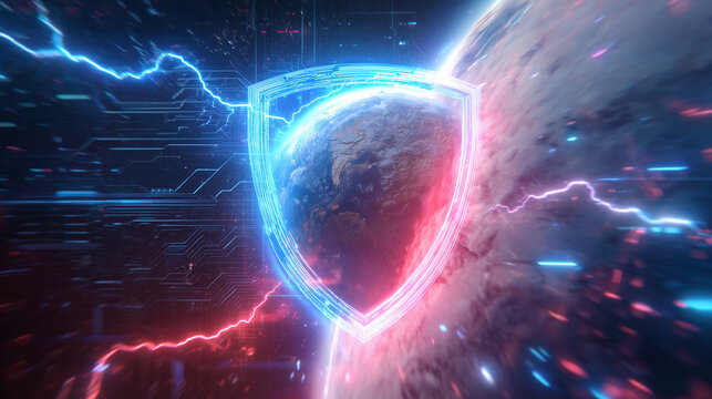 Futuristic concept image of a crypto shield protecting an Earth-like planet from digital attacks, with glowing energy, lightning effects, and dynamic tech elements in motion.