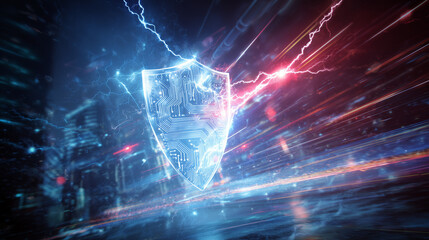 Futuristic concept image of a crypto shield protecting an Earth-like planet from digital attacks, with glowing energy, lightning effects, and dynamic tech elements in motion.
