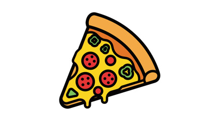 A vibrant, stylized pizza slice with pepperoni, peppers, and melted cheese drips against a stark transparent background.