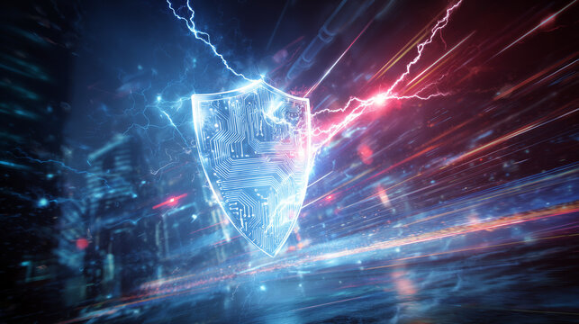 Futuristic concept image of a crypto shield protecting an Earth-like planet from digital attacks, with glowing energy, lightning effects, and dynamic tech elements in motion.