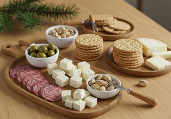 Fototapeta premium Gourmet appetizer assortment featuring cured meat, cheese cubes, olives, nuts, and crackers on wooden serving platters