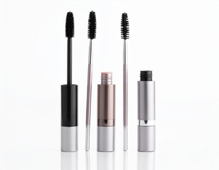 Obraz premium Set of mascara wands and tubes for eye makeup on white background, beauty product photography, cosmetic tools for eyelashes, makeup artistry essentials