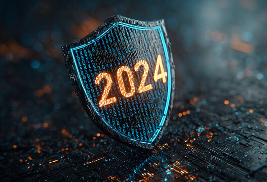 Futuristic shield with "2024" engraved, surrounded by glowing binary code and circuits in orange and blue. Dark red and black background evokes digital security and tech atmosphere.
