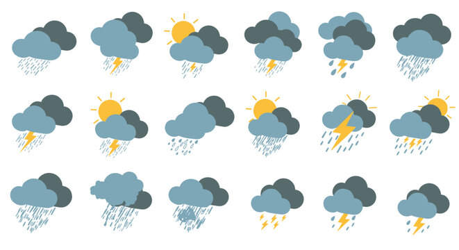 Variety of weather icons displaying sun, clouds, rain, and thunderstorms in a minimalist style
