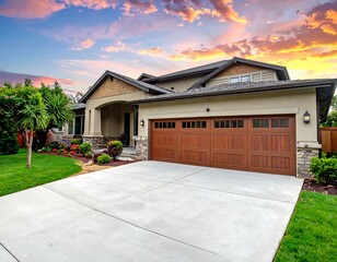 Suburban Home Exterior with Concrete Driveway at Sunset.