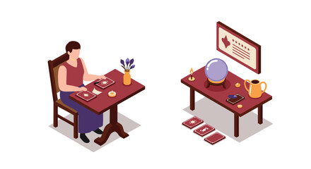 Isometric tarot reading scene with crystal ball and cards on table