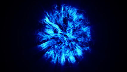 Abstract blue plasma explosion forming glowing energy orb with dynamic light motion. Futuristic...