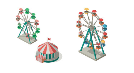 Isometric ferris wheel and carousel with vibrant colors on white background