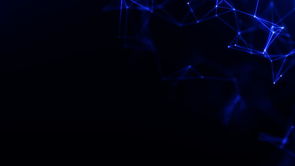Blue glowing dots and connecting lines forming abstract digital network structure. Futuristic background visualizing data flow, tech communication and cyber geometry