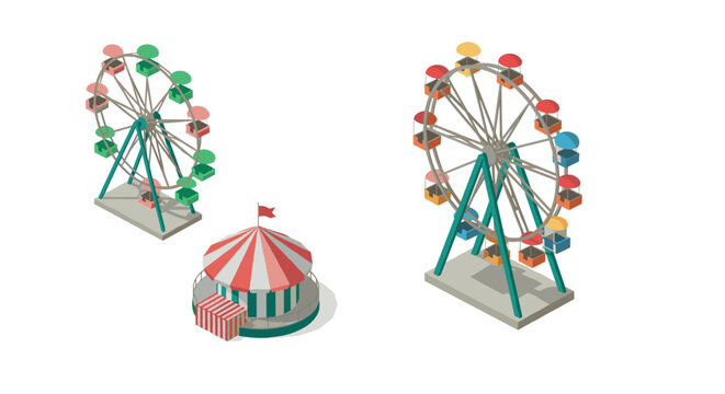 Isometric ferris wheel and carousel with vibrant colors on white background